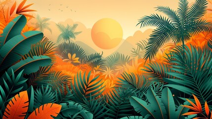 Retro risograph style with grainy color fades in vibrant oranges and greens, featuring exaggerated, abstract tropical plants and playful shapes for a lively retro botanical background. Illustration,