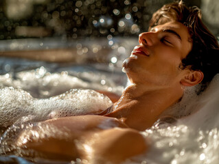 A man is in a bathtub with bubbles and is smiling. Scene is relaxed and happy