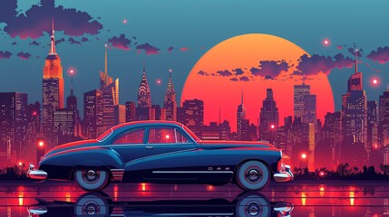 Retro risograph style with grainy gradients in red and blue, showcasing exaggerated, stylized cityscapes and vintage cars, layered with bold geometric shapes for a vibrant urban backdrop.