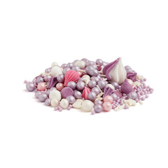Pile of sweet lilac sprinkles on white background