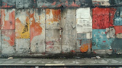 Fototapeta premium A close-up of a concrete wall with graffiti and peeling posters, the grungy textures emphasized by a minimalist color palette. Illustration, Minimalism,