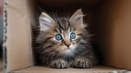 Plakat Adorable Fluffy Kitten with Blue Eyes Sitting Inside a Cardboard Box