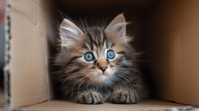 Adorable Fluffy Kitten with Blue Eyes Sitting Inside a Cardboard Box