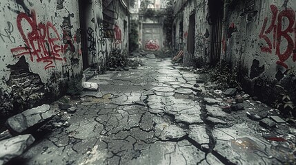A grungy, urban alleyway with graffiti-covered walls and a cracked asphalt surface, rendered in a monochrome palette to highlight the textures and decay. Illustration, Minimalism, © DARIKA