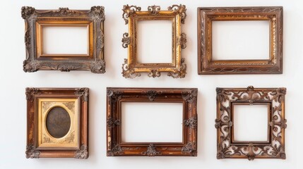 Collection of 9 antique frames on white backdrop