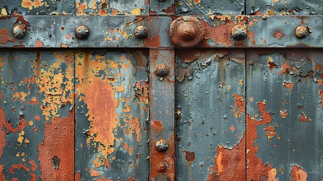 A high-contrast photograph of a rusted metal door with peeling paint, showcasing the grungy textures and minimalist color palette. Illustration, Minimalism,