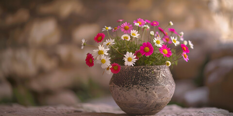 Obraz premium Girassóis coloridos em um vaso rústico