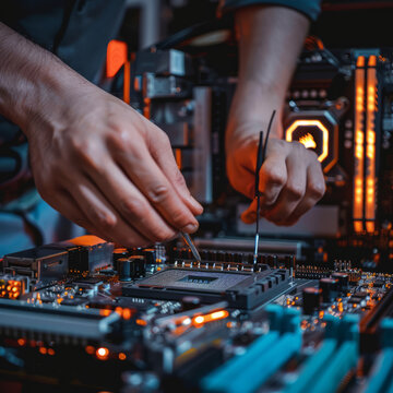 A technician is repairing a cpu socket on a motherboard using his own tools