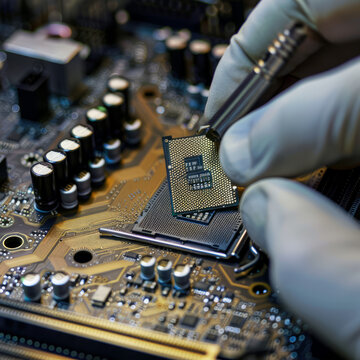 A technician is putting a cpu in the socket of a computer motherboard