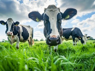 Cows eating lush grass on the green field - ai