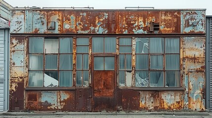 The exterior of a decaying, industrial building with rusted metal and broken windows, the grungy atmosphere enhanced by a monochrome palette. Illustration, Minimalism,