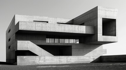Fototapeta premium The facade of a brutalist building with rough, textured concrete and sharp, geometric lines, captured in a minimalist, black and white photograph. Illustration, Minimalism,