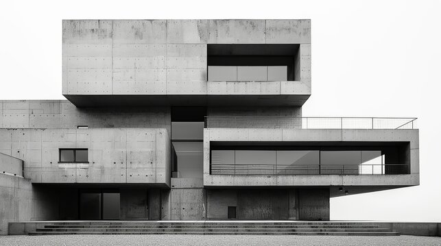 The facade of a brutalist building with rough, textured concrete and sharp, geometric lines, captured in a minimalist, black and white photograph. Illustration, Minimalism,