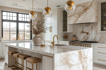 Hollywood Regency-style glam kitchen with marble countertops and gold fixtures.