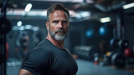 Obraz premium A man with a beard and gray hair poses in a gym. He is wearing a black shirt and he is focused on his workout. The gym is filled with various equipment, including a few sports balls and a bench