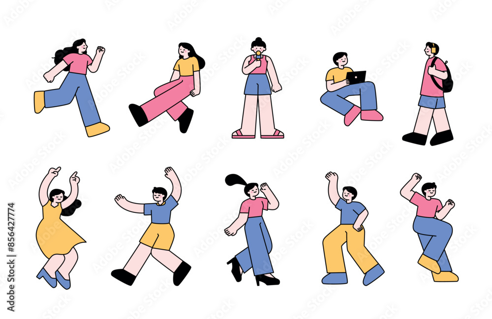 Wall mural people are doing different actions and behaviors. outline simple vector illustration.