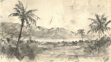 Children s drawing from 2001 A landscape sketch of mountains and palm trees at dawn done in pencil on weathered paper