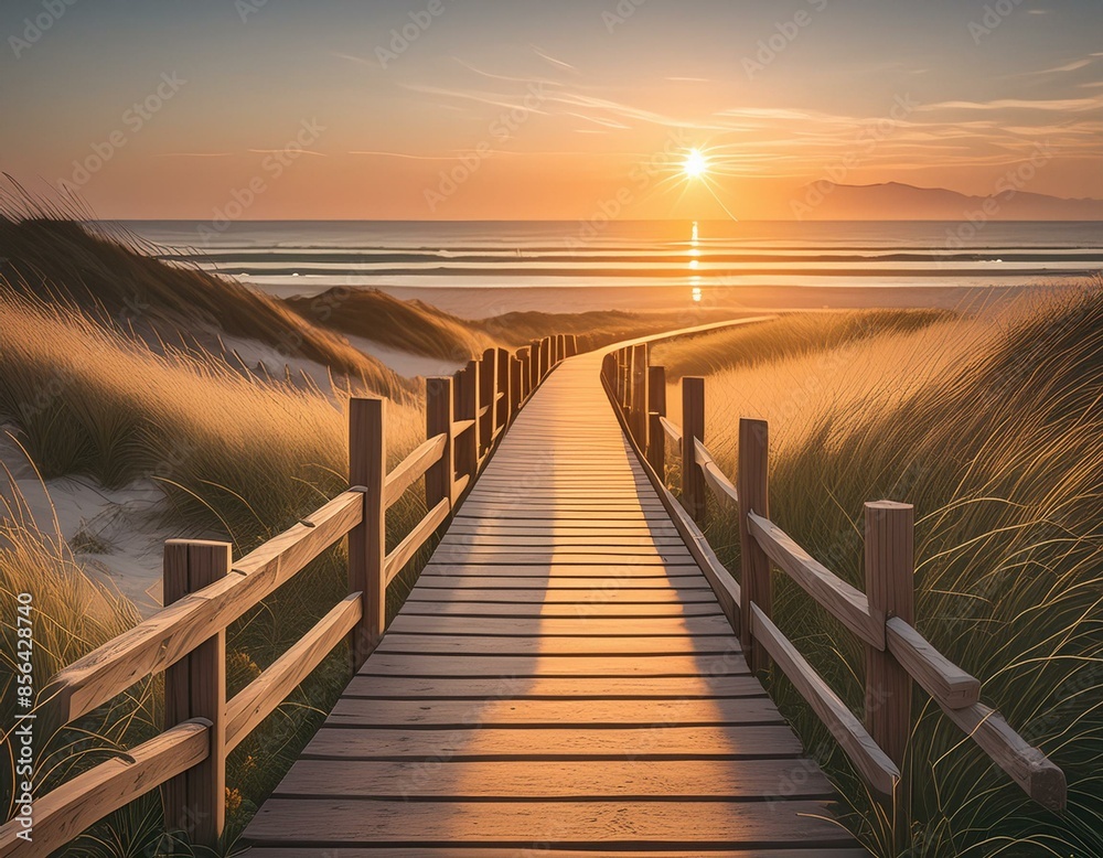 Wall mural a wooden walkway leading to the beach with the sun setting in the distance behind the grass and the ocean in the distance. - Wall murals