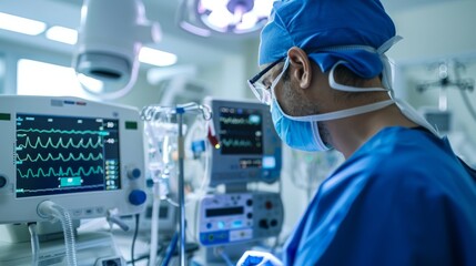 An anesthesiologist setting up the anesthesia machine in a high-tech operating room