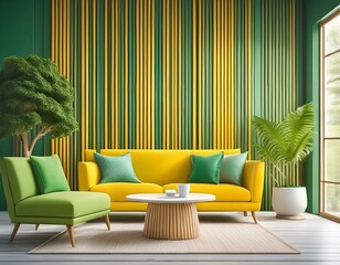 a living room with a yellow couch and a green chair and a white coffee table and a green wall with wooden slats behind it. generative ai