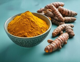 a bowl of tumerica and some tumerica root on a table. generative ai