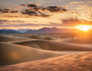 the sun sets over a desert landscape with sand dunes and mountains in the distance in the distance, with a few clouds in the sky, and a few clouds in the foreground.