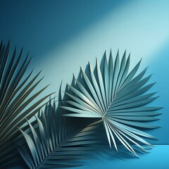 Fototapeta premium a close up of a palm leaf on a blue background with a shadow of a palm tree on the left side of the frame and a blue sky background. generative ai