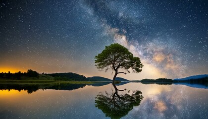 a lone tree is reflected in the still water of a lake under a night sky filled with stars and the milky in the distance,. generative ai