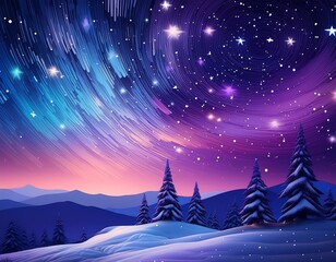 Naklejka premium a night sky with stars and a purple and blue sky with trees and a snow covered hill with snow on the ground and stars in the sky. generative ai
