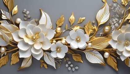 a white and gold floral border with leaves and flowers on a gray background. generative ai
