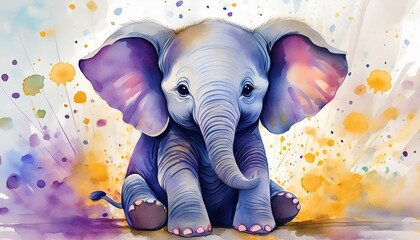 a watercolor painting of a baby elephant sitting on the ground with its trunk in the air and its...