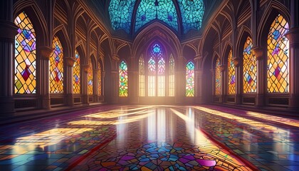 Obraz premium a palace with stained glass windows and a light shining through the window panes on the floor and the walls and ceiling is dark and the light is shining