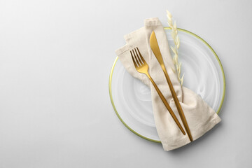 Stylish setting with cutlery, napkin, dry branch and plate on light grey table, top view. Space for...