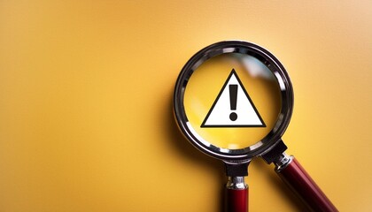 Attention sign,Exclamation mark,warning sign concept.,Magnifying glass focus on Hazard warning attention sign icon over yellow background with copy space