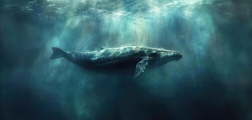 Fototapeta premium A peaceful image of a whale floating in deep water, with a tranquil expression and minimal movement