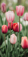 Fototapeta premium Tulipas coloridas em um jardim de primavera.