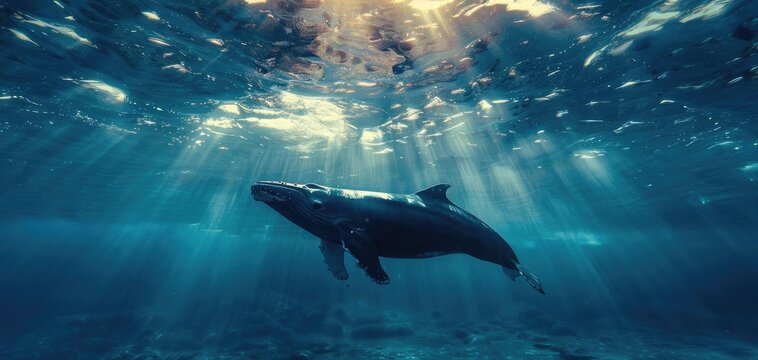 A serene scene of a whale sleeping just beneath the oceans surface, with gentle sunlight filtering through the water