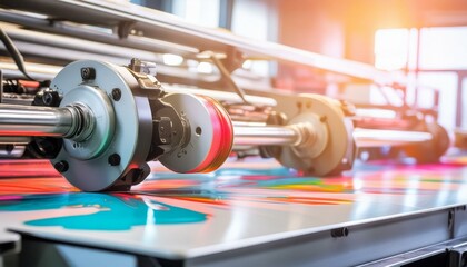 Fototapeta premium Close-up of a press printing machine in operation of printing in color. Printing house, publishing industry. ai generative