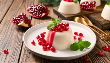 Winter delicious italian dessert panna cotta with pomegranate jelly and mint, homemade cuisine on a wooden background.