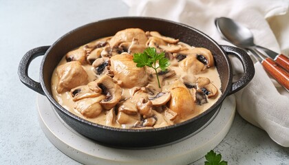 Fricasse - French Cuisine. Chicken stewed in a creamy sauce with mushrooms in a pan on a light stone background.