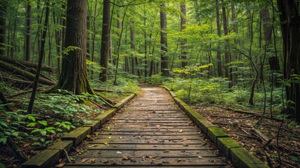 Obraz premium Wooden path through forest