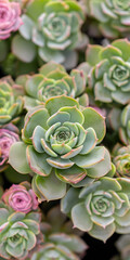 Fototapeta premium Plantas suculentas verdes belas com flores cor-de-rosa