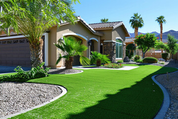 Obraz premium Artificial grass, synthetic grass, perfect grass landscaping with artificial grass, modern home front yard with artificial grass lawn