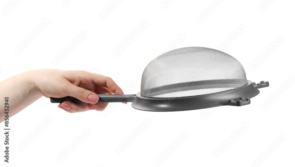 Wall mural Woman with sieve on white background, closeup