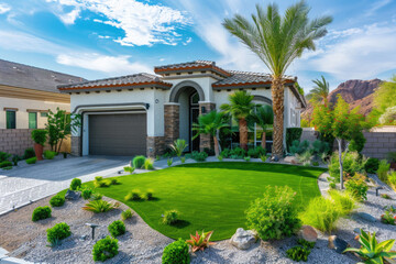 Artificial grass, synthetic grass, perfect grass landscaping with artificial grass, modern home front yard with artificial grass lawn