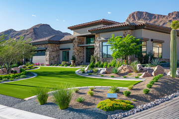 Artificial grass, synthetic grass, perfect grass landscaping with artificial grass, modern home front yard with artificial grass lawn
