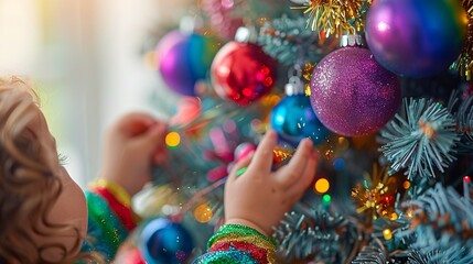A close-up of a child's hands decorating a Christmas tree with rainbow ornaments and tinsel, capturing the joy and excitement of holiday preparations. Illustration, Minimalism,
