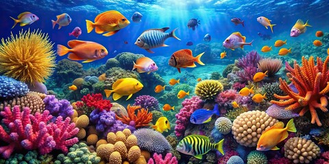 Vibrant coral reef teeming with colorful fish and marine life, underwater, ocean, sea life, ecosystems
