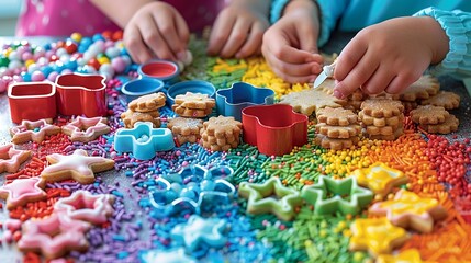 A colorful holiday baking scene with a rainbow of cookie cutters, sprinkles, and icing, as family members decorate festive cookies together. Illustration, Minimalism,