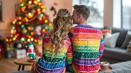 A couple wearing matching rainbow Christmas pajamas, enjoying a cozy morning with hot cocoa and a brightly decorated Christmas tree in the background. Illustration, Minimalism,